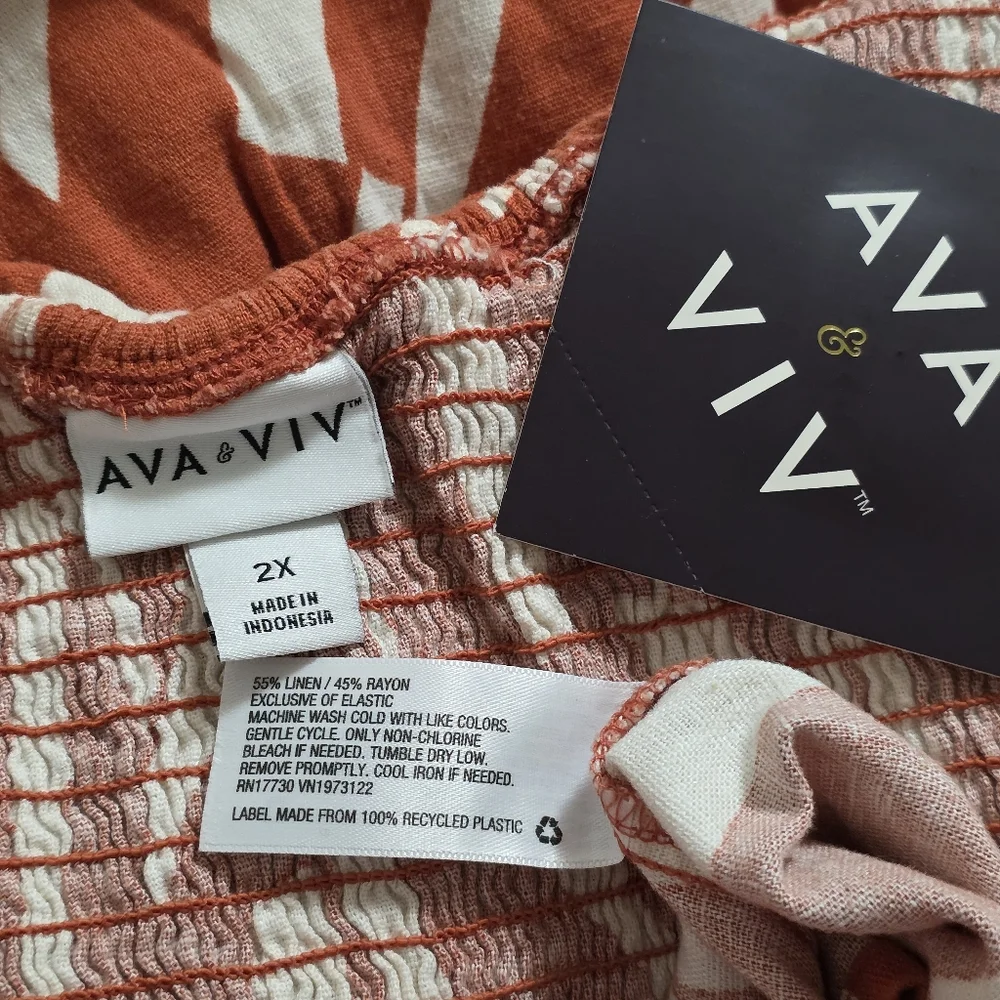 Ava & Viv Linen Blend Abstract Rust Ruffle Midi Dress Smocked Back Rayon Cruise - Picture 11 of 11